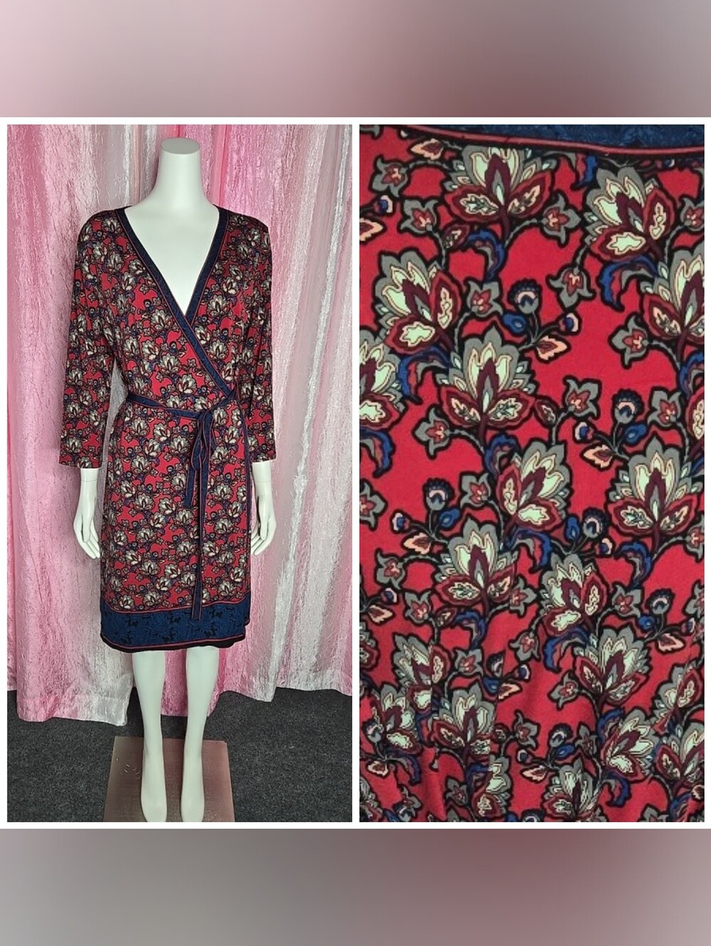 Max Studio Floral Red Black Workwear Wrap Dress Size Large